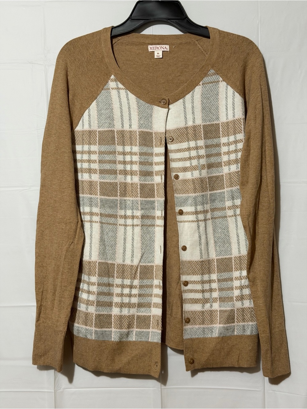Merona Tan and Cream Plaid Button-Up Cardigan